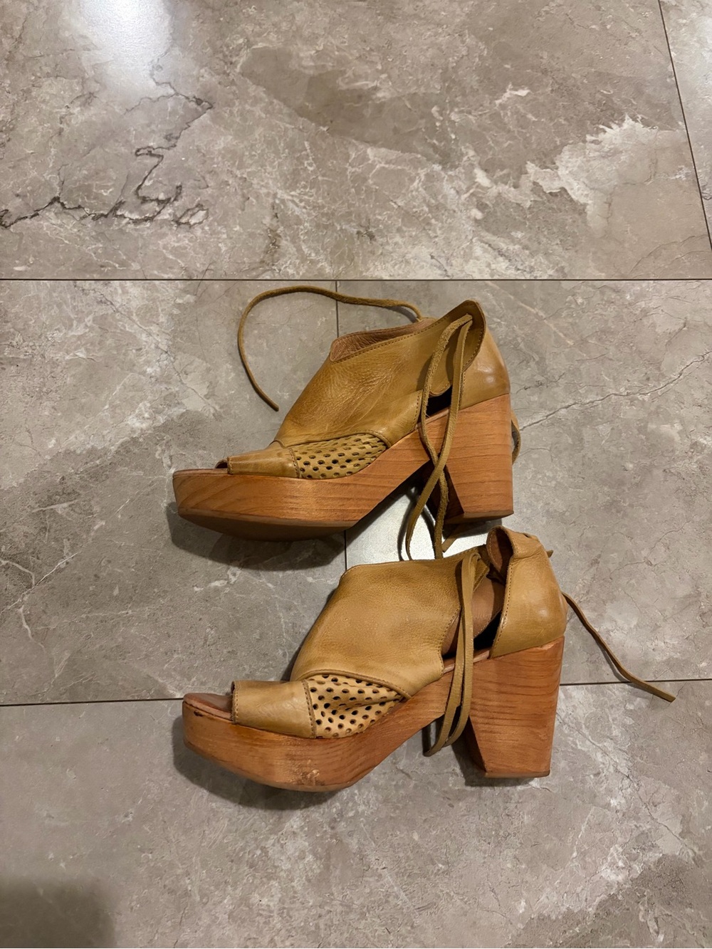 Free People Tan Leather Lace-Up Platform Sandals